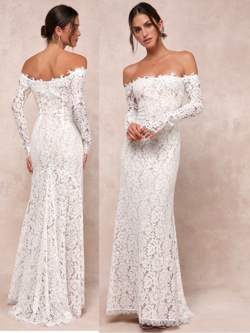 NWOT Lulu’s Romance Dreamer White Lace Off-the-Shoulder Maxi Wedding Dress Small